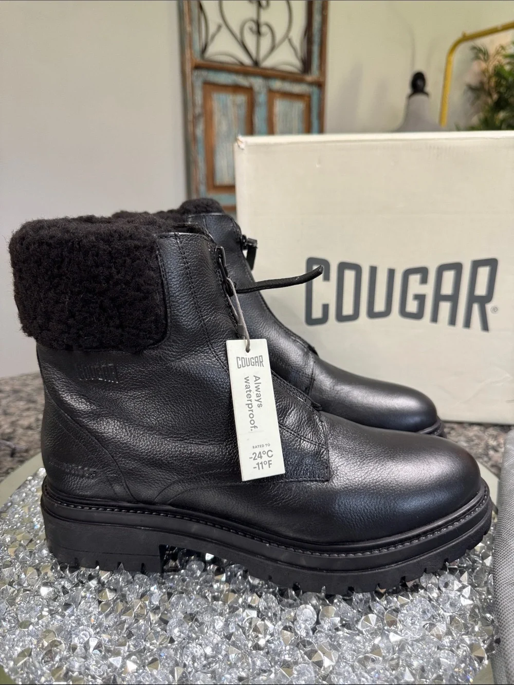Cougar Vow Black Waterproof Leather Winter Ankle Boots with Shearling Cuff NEW